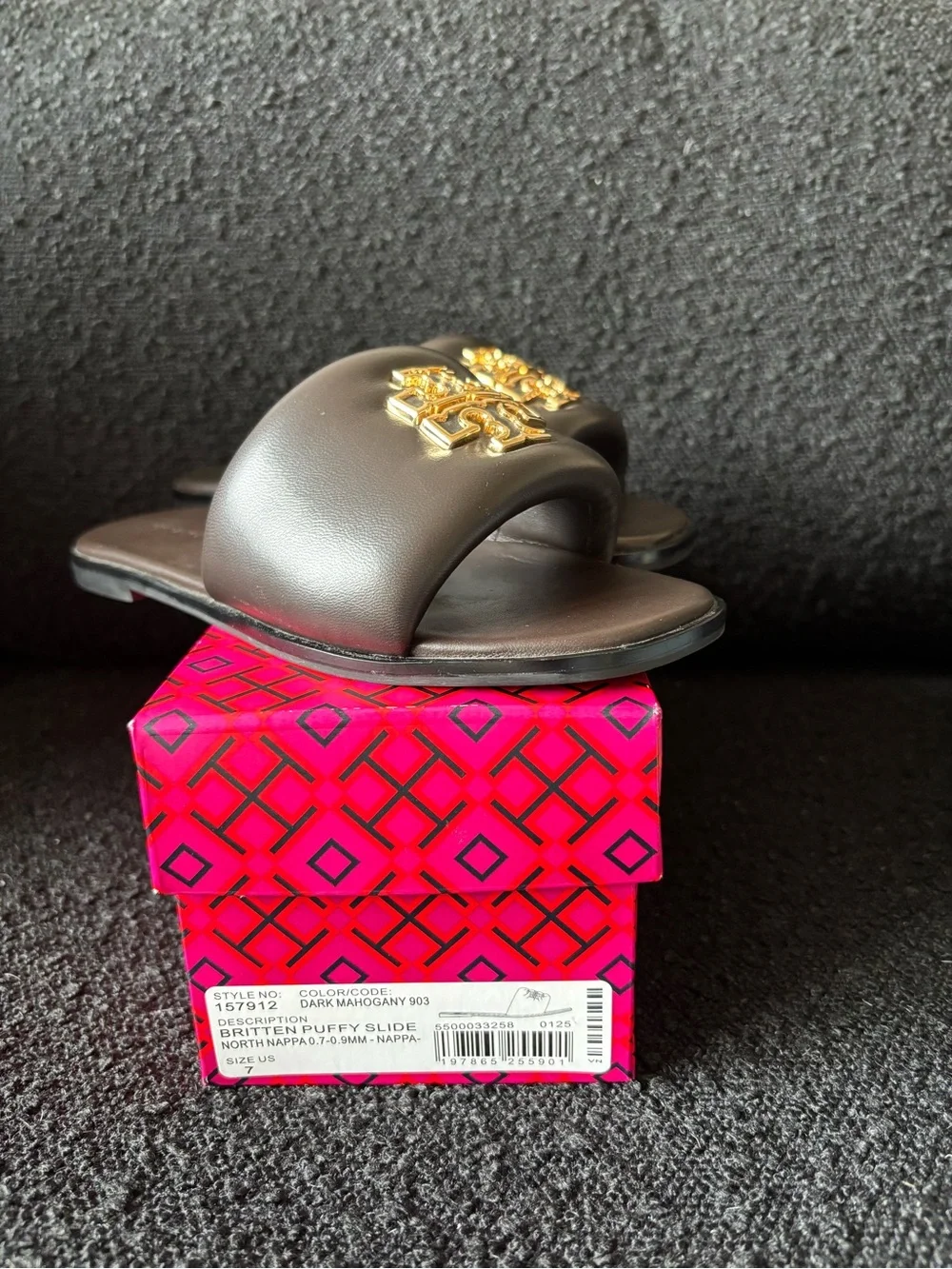 Tory Burch Dark Mahogany Britten Puffy Slide with Gold Emblem